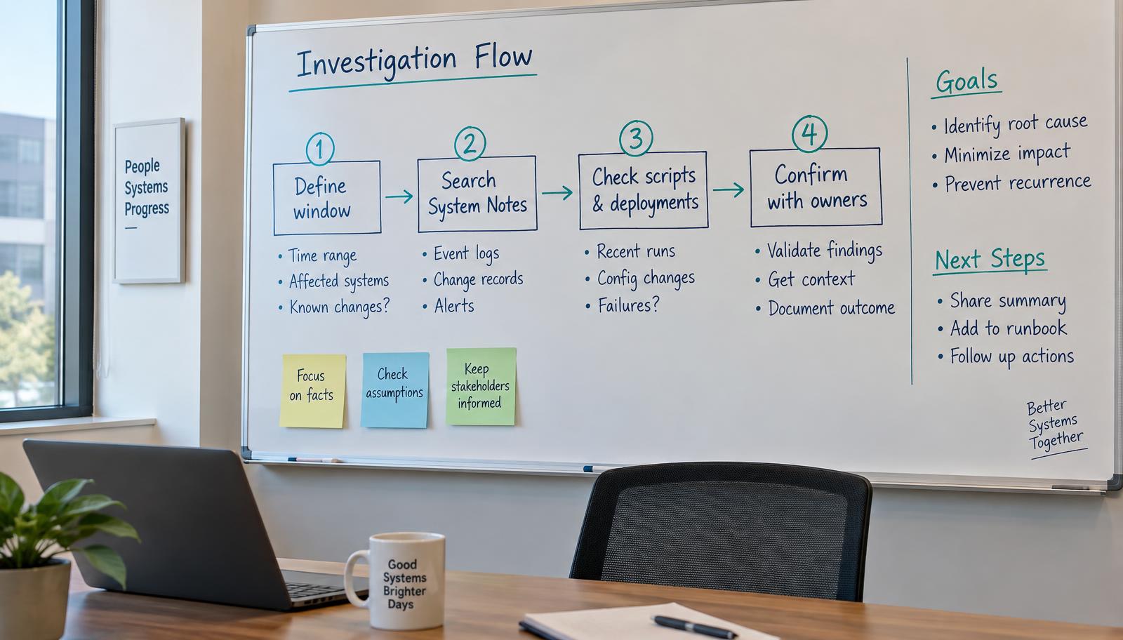 A whiteboard showing a four-step investigation flow: define window, search System Notes, check scripts and deployments, confirm with owners