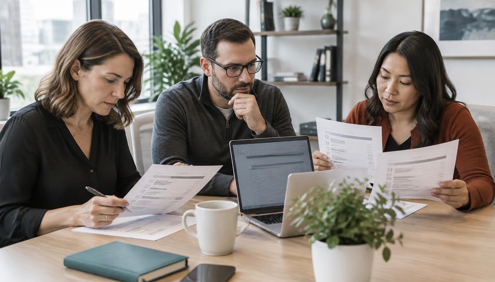 Three colleagues independently reviewing a configuration release checklist and supporting documents at an office table