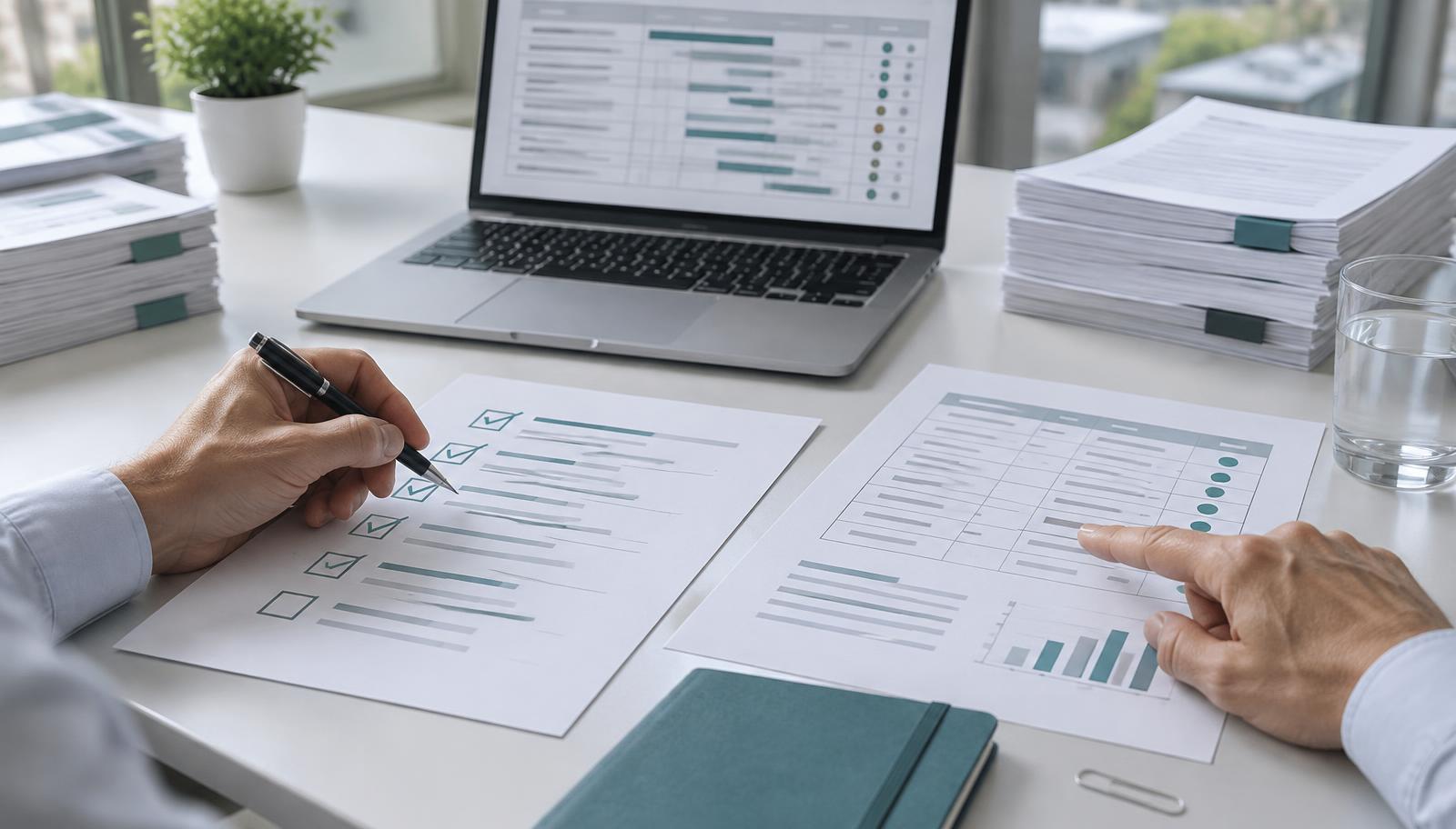 Reviewers comparing a printed release checklist with a separate test-results document beside a laptop