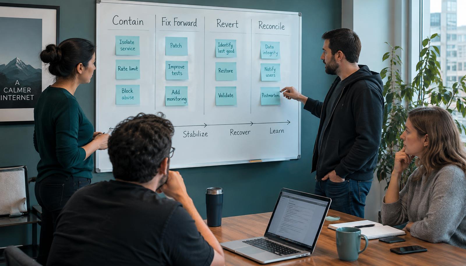 An operations team planning recovery on a whiteboard with columns for contain, fix forward, revert and reconcile