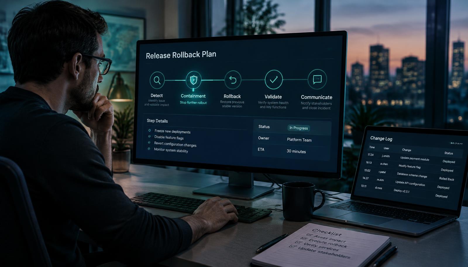 A NetSuite administrator reviewing a release rollback plan with detect, contain, roll back, validate and communicate stages